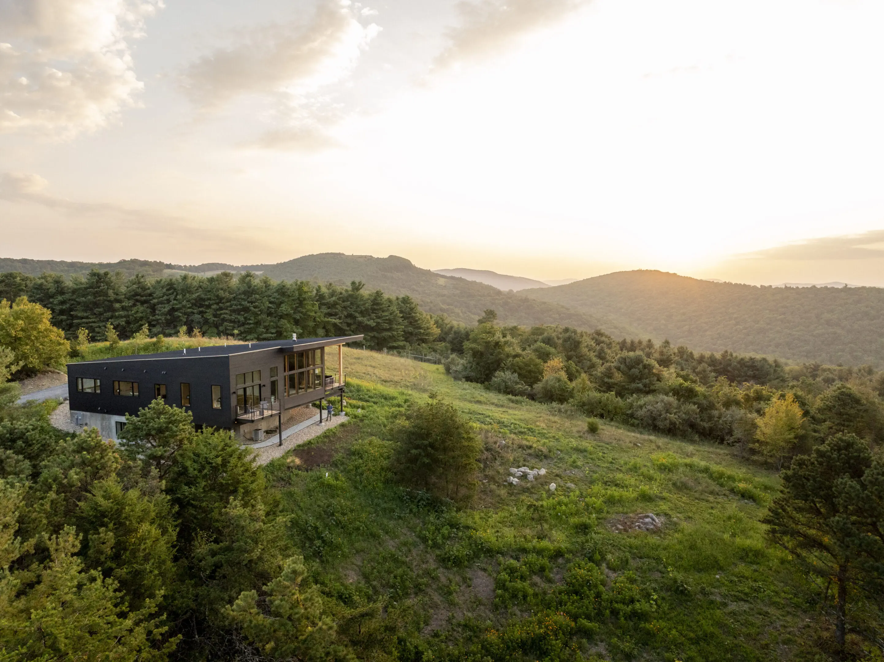 A house on the side of a hill with trees in front.