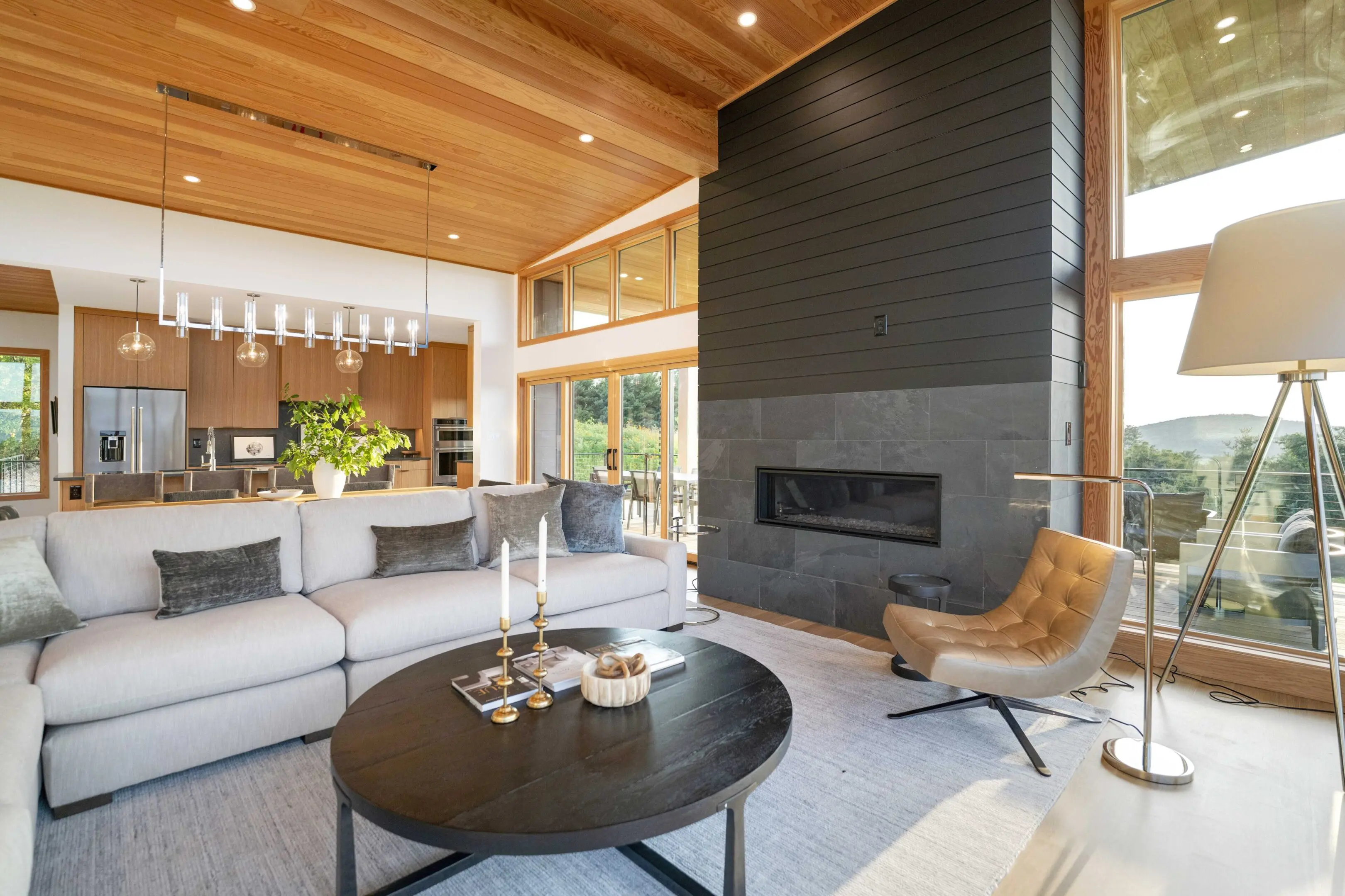 A living room with a fireplace and a couch