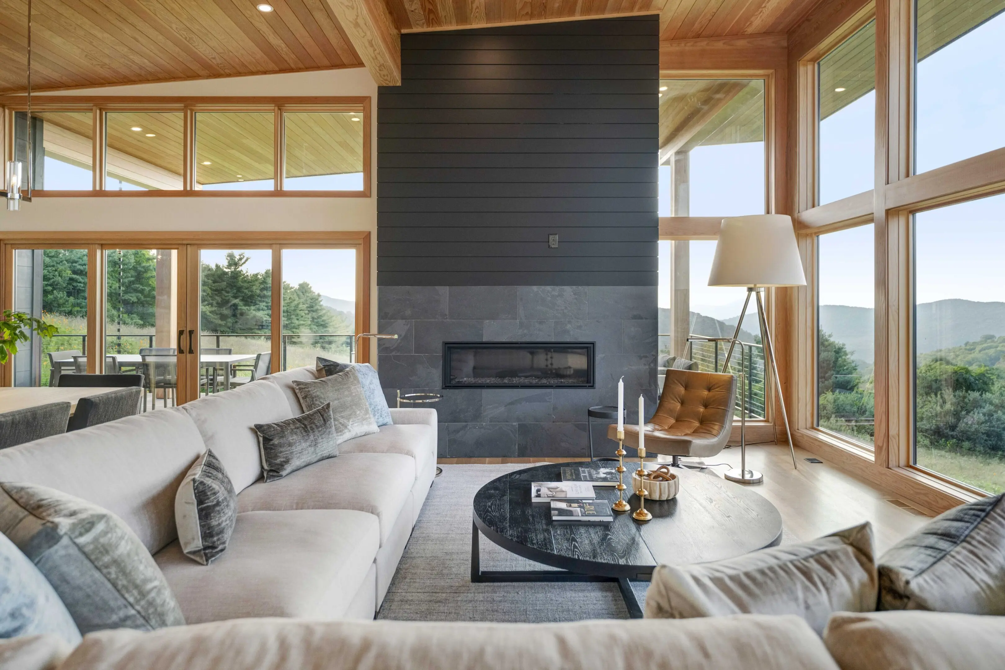A living room with a couch and fireplace