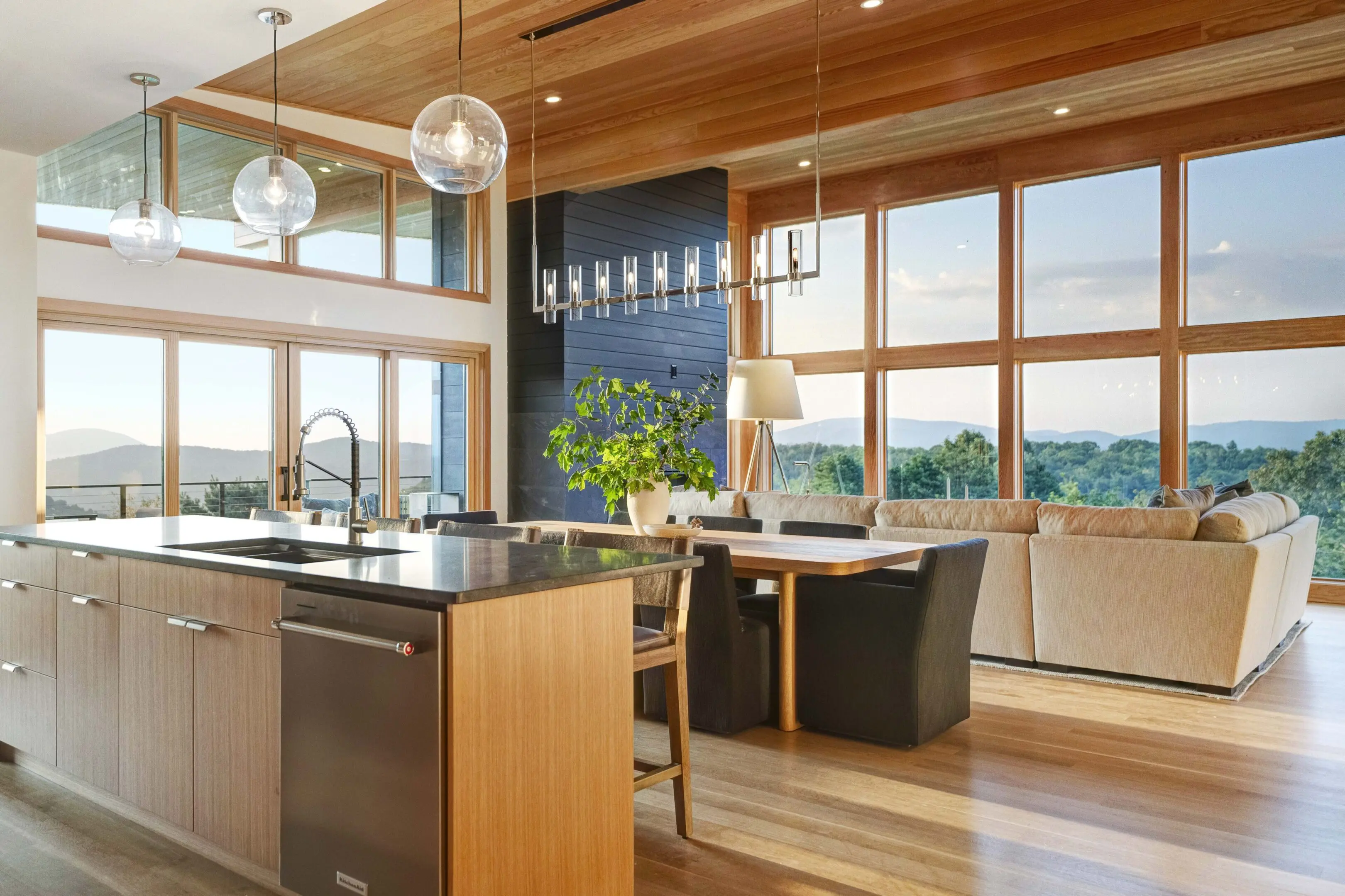 A kitchen with wooden floors and walls