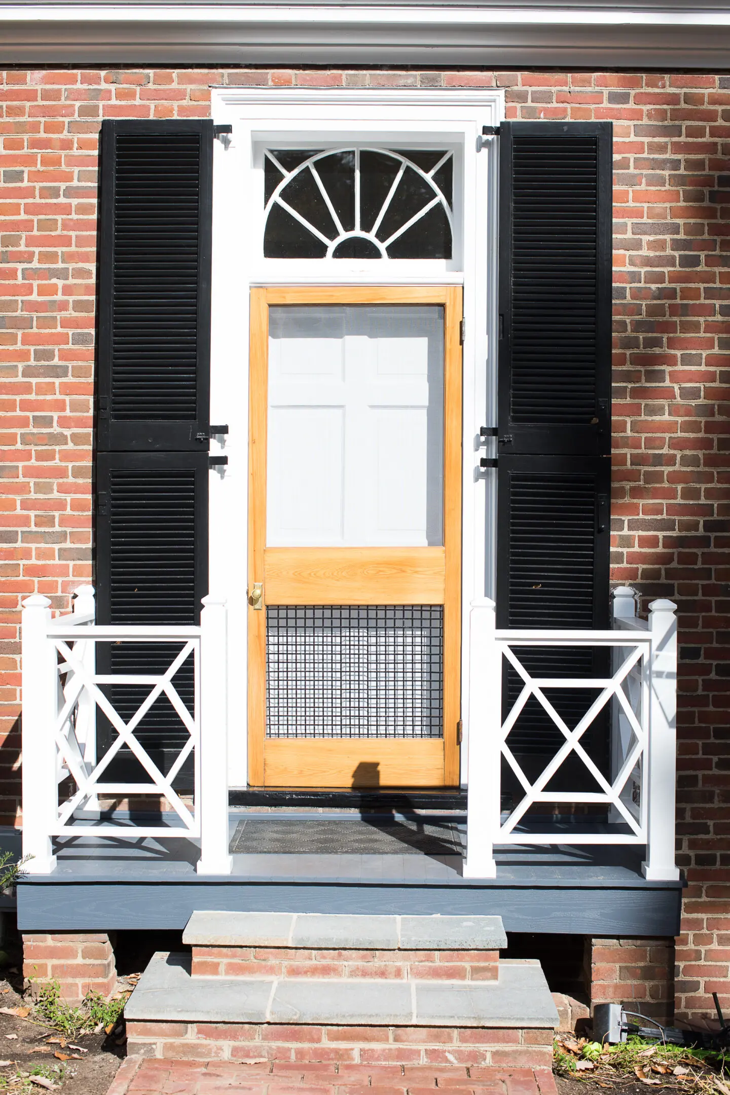 A door with a screen on it and some steps